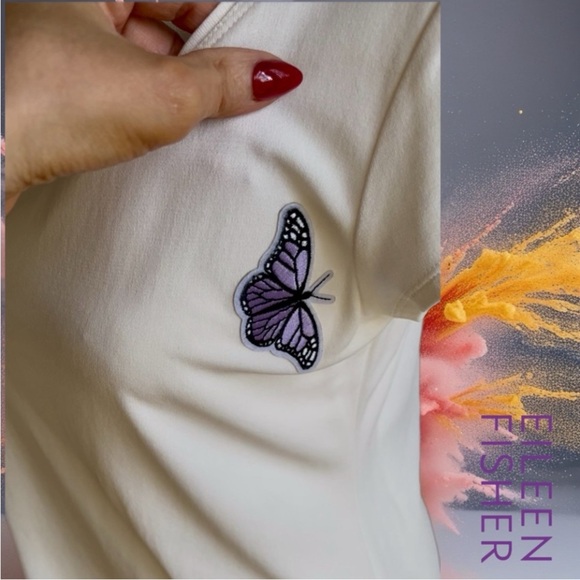 100% SILK Eileen Fisher Cream Top with Purple Butterfly Accent - Picture 5 of 10